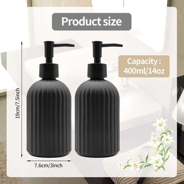 Набір з 2 скляних дозаторів для мила з помпою, 400 мл, для мила, шампуню, лосьйону, багаторазові, для кухні, ванної, пральні (чорний)