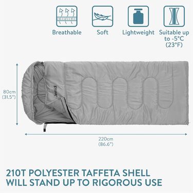 Спальний мішок JEMIDI для зими та літа, Outdoor, до -5°C, великий, 220x80x10 см, водонепроникний, для дорослих, сірий