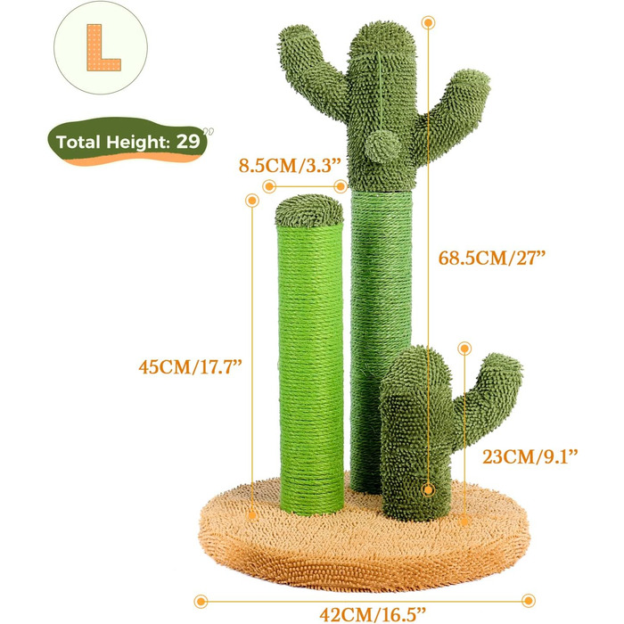 Kratzbaum Kaktus, creative cat tree design, 3-post set, green, - 42 * 68.5cm, AY405-HZ--66GN-B (L, Brown)