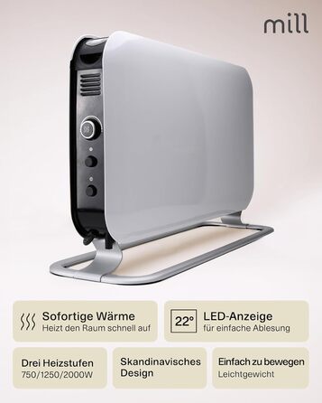Електричний конвекторний обігрівач Mill MEC 2000W - 24-28 м², білий, з термостатом