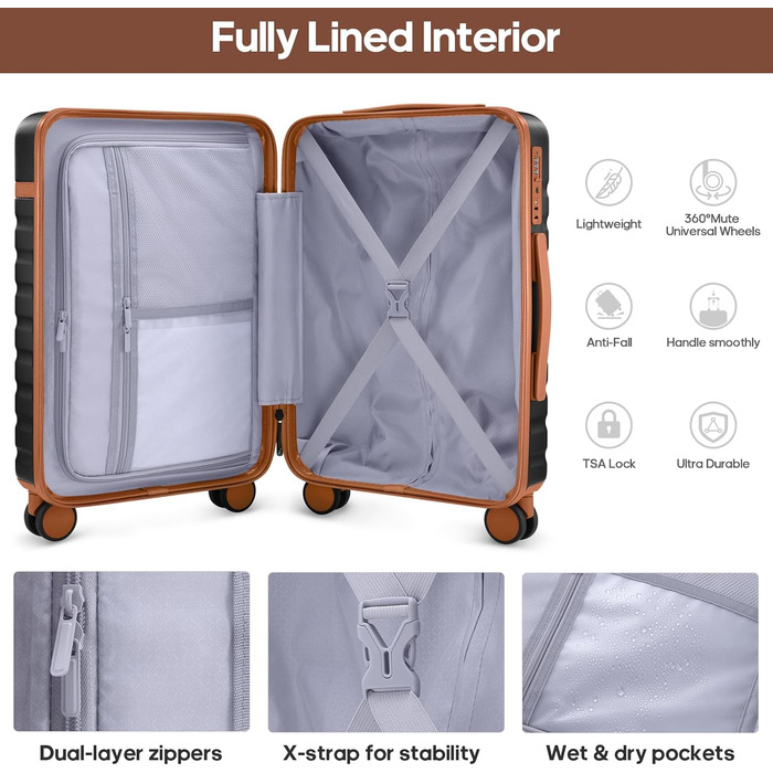 Набір валіз UKEIN 3 шт. з жорстким корпусом, для подорожей, з TSA замком та спіннер колесами. Включає рюкзак та косметичку. (Чорний/Коричневий)