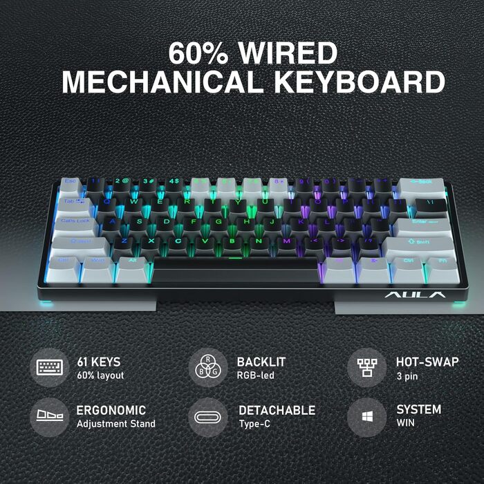 Механічна ігрова клавіатура AULA 60% з RGB-підсвічуванням, Hot-Swap, Type-C, блакитні перемикачі (чорно-сірий)