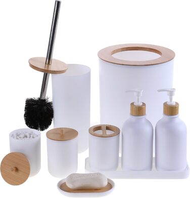 Набір аксесуарів для ванної кімнати, 9 предметів, бамбук, повний комплект: сміттєвий контейнер, дозатор мила, тримач для зубних щіток, щітка для унітазу, контейнер для ватних паличок, мильниця, матовий білий/оптичний сад