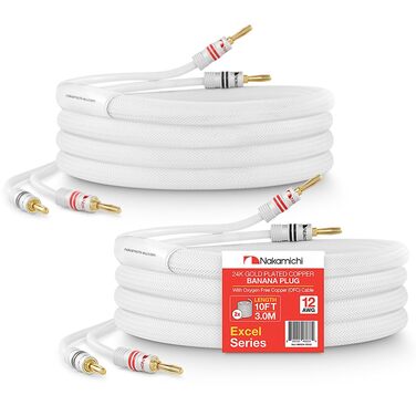 Акустичний кабель Nakamichi 12AWG з банановими роз'ємами 24K Gold, безкиснева мідь (OFC), у білому обплетенні, 3.0м, 2 шт.