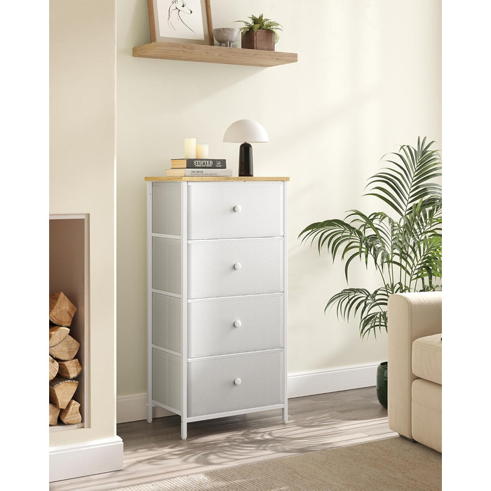 SONGMICS Chest of Drawers, Storage Cabinet with 4 Fabric Drawers, Metal Frame, Tall and Narrow, White-Oak Finish LTS314W57
