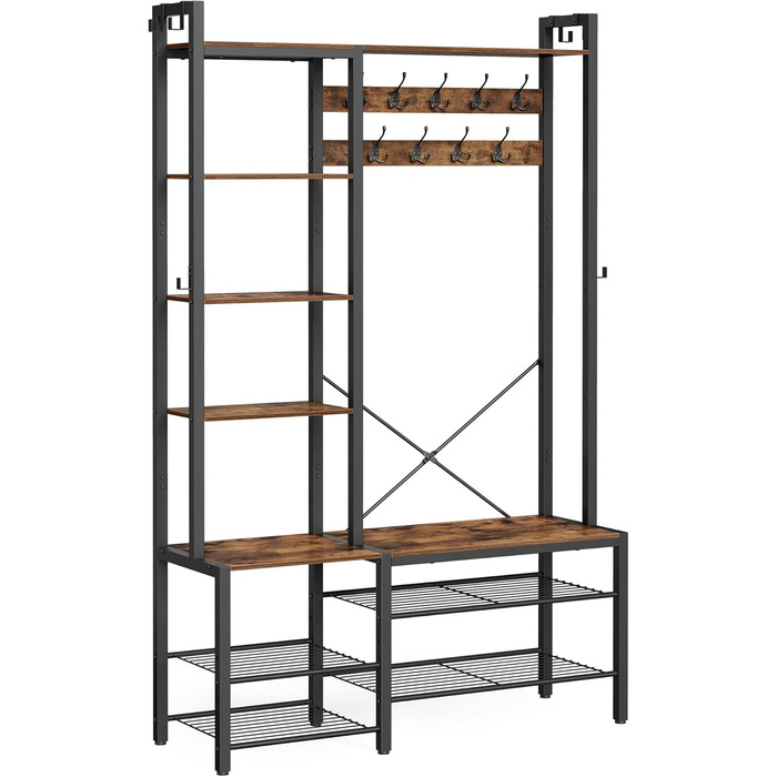 VASAGLE Coat Rack with Shoe Bench, Coat Rack, 5 Shelf Levels made of Particleboard, 9 Triple Hooks, 6 Side Hooks, 40 x 120 x 190 cm, Stone Gray-Ink Black HSR426B04 (Vintage Brown + Ink Black)
