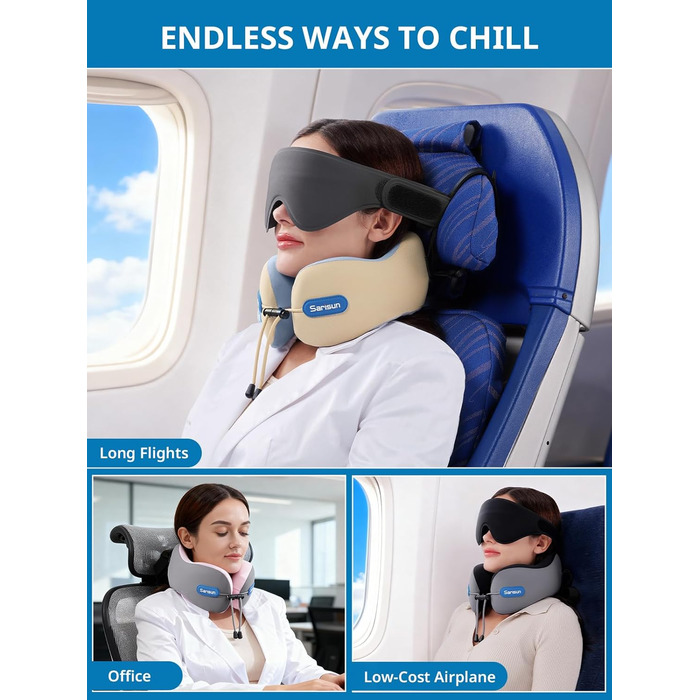 Подушка для шиї у літак Travel Pillow, подушка для подорожей з ременем та 3D-маскою для сну, Memory Foam, чорна