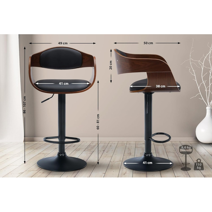 Kingston Adjustable Bar Stool with Premium Faux Leather Cushion - Walnut/Black