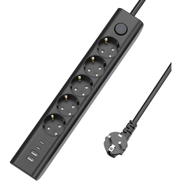 Мережевий фільтр Steckdose 8 в 1 з USB, 3680W, з вимикачем, 16A, 2 USB-C, для смартфонів, ноутбуків, iPad, 1.8M кабель, білий (чорний 5AC)