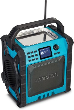 MEDION E66877 Радіо для будівельних майданчиків DAB+ Bluetooth з LED-ліхтарем (IP44, акумулятор/мережа, вертикальне) блакитне