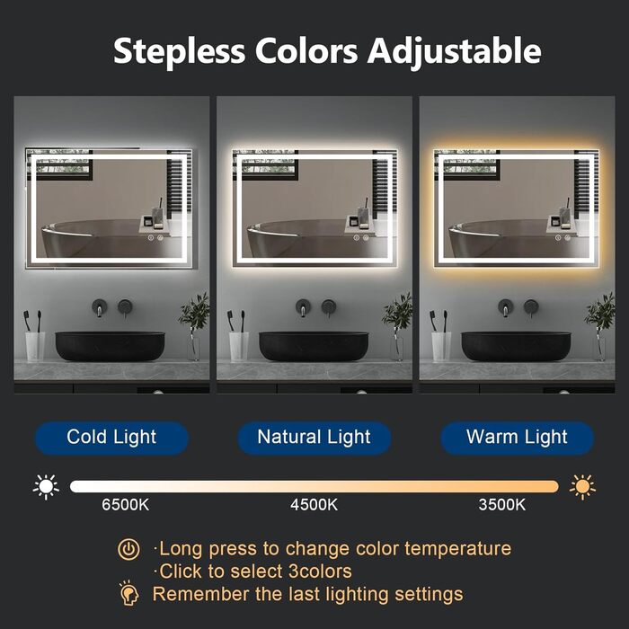 Дзеркало з підсвічуванням 70x50 см для ванної кімнати, сенсорне керування, антизапар, 3 кольори світла, регулювання яскравості