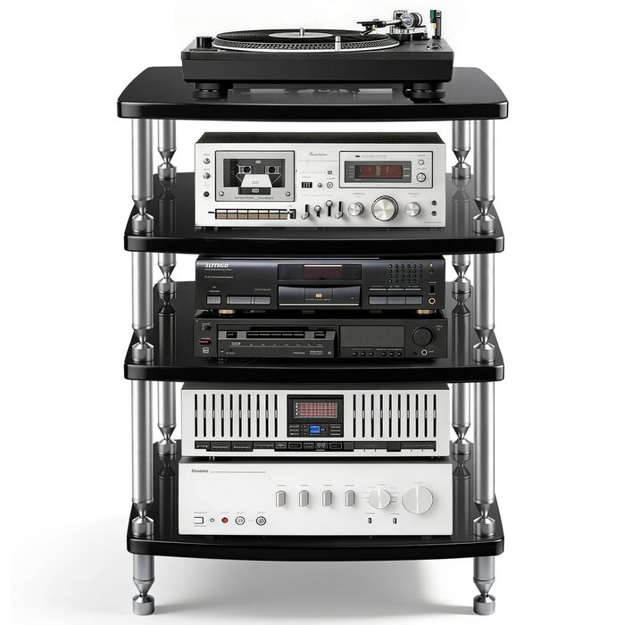 HiFi тумба з колесами для програвача, аудіосистеми та TV 60x52x78 см (алюмінієвий сплав, 4 полиці, LED-підсвітка, розетки)
