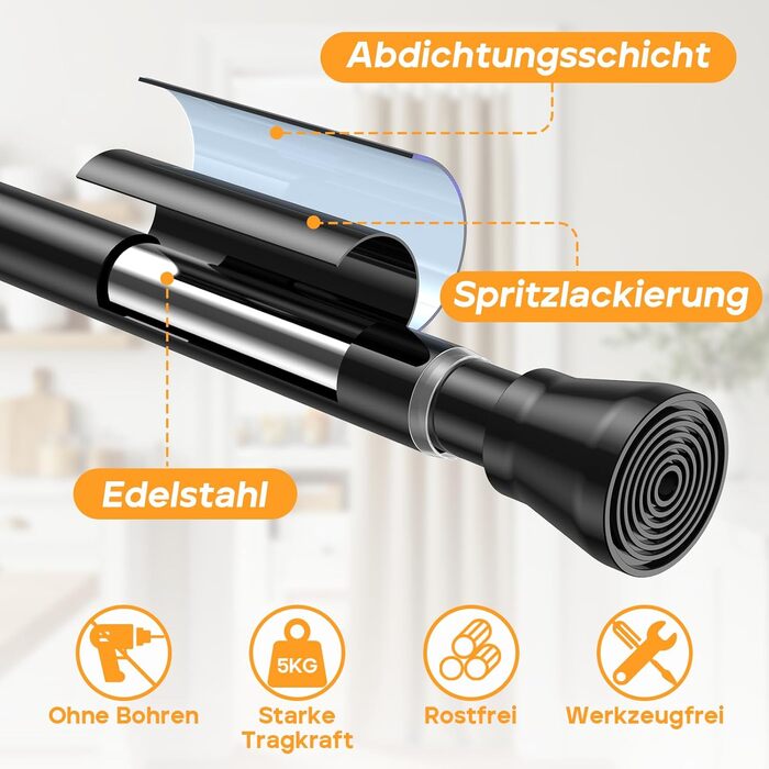 Тelescopic штанга для карнизів без свердління 120-200 см - для штор, душових перегородок, вікон, ванної кімнати (1 шт., чорний)