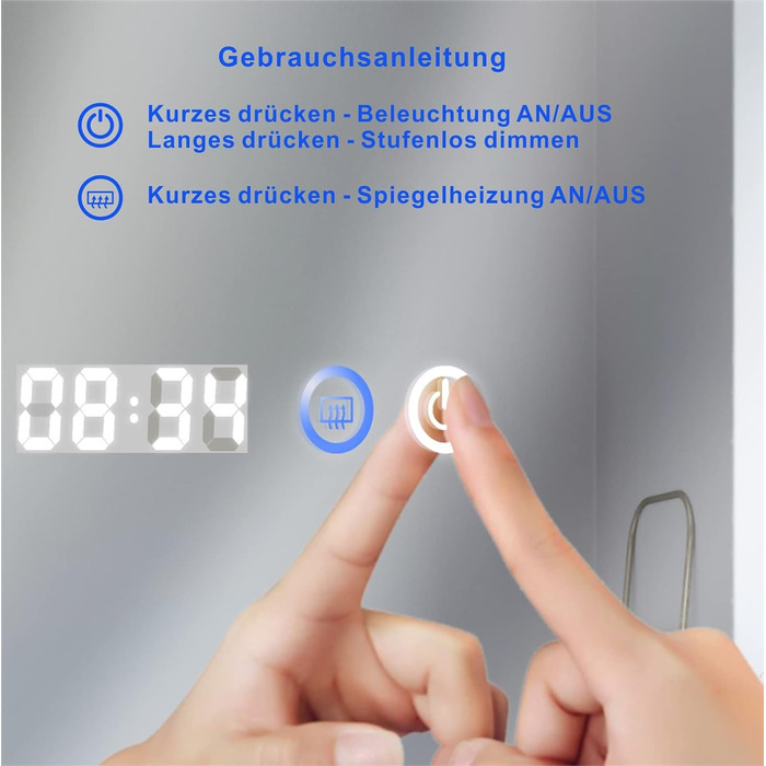 Дзеркало для ванної кімнати AQUABATOS LED 50x70 см з підсвічуванням, сенсорним вимикачем, регулюванням температури світла (6400K), IP44, CE, енергозберігаюче.