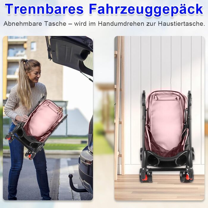 Візок для собак Homewell 2в1: візок-будка, сумка-переноска, з тримачами для напоїв, складна конструкція, гальмо, для домашніх тварин, 50x70x99 см (Рожевий)
