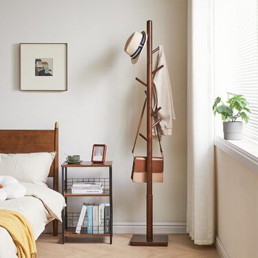 YMYNY Solid Wood Wardrobe Rack, Freestanding Clothes Rack with 8 Hooks, Thickened with 3 Adjustable Heights, for Bag, Clothing, Living Room, Natural Color HCR002N (Brown, Square Base)