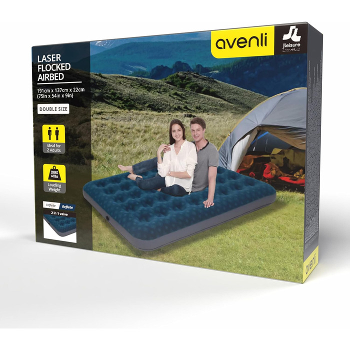 Надувний матрац для кемпінгу та дому AVENLI на 2 особи, 191x137x22 см, надувний, для відпочинку та гостей