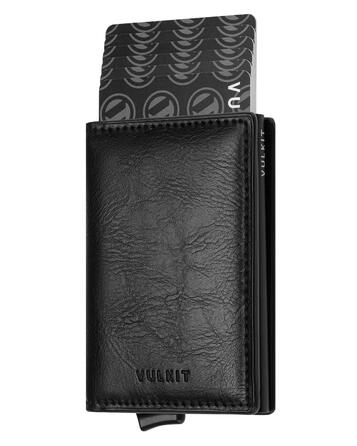Чоловічий гаманець-кардхолдер VULKIT з натуральної шкіри, RFID захист, чорний Crazy Horse