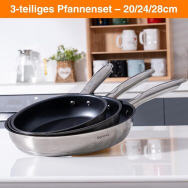 Набір сковорідок 3 шт. з нержавіючої сталі з антипригарним покриттям, 20, 24, 28 см, для всіх типів плит