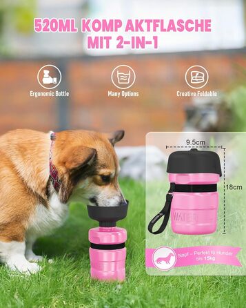 Складана пляшка для води для собак Lesotc 520мл, рожева, для прогулянок, подорожей та кемпінгу