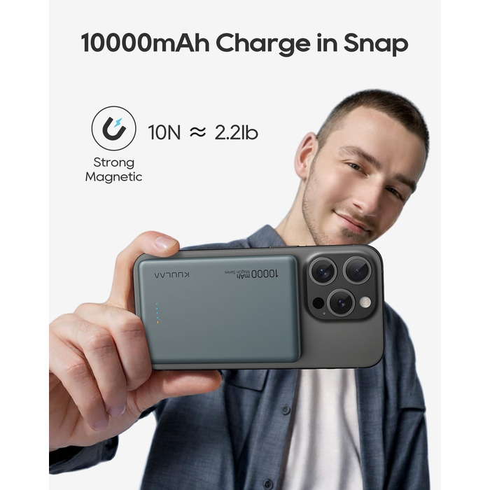 Power Bank Kuulaa MagSafe 10000 mAh 20W, Тонкий Пауербанк для iPhone 16/15/14/13, Колір Space Grey