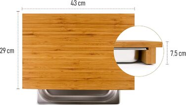 Classic bamboo cutting board GN with magnetic knife holder and stainless steel drip tray, professional wooden kitchen board made of oiled bamboo with container. Cutting board dimensions: 43 x 29 x 7.5 cm