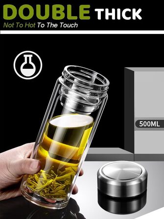 Double-walled glass tea bottle 1 liter with 2-in-1 stainless steel strainer to go, 1000ml large volume, tea bottle 100% leak-proof 1 l (500ml (Anytime))