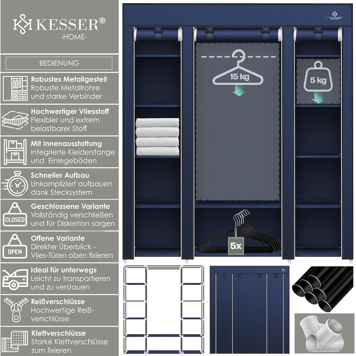 KESSER® Wardrobe Clothes Closet Stable with Clothes Rail & Shelves, Incl. 5x Clothes Hangers, Fabric Folding Closet for Bedroom, Dressing Room Wardrobe with Clothes Rack 150x45x175cm (Navy Blue)