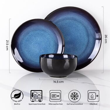 Набір посуду LeRatio на 8 осіб: 24 предмести, кераміка, реактивна глазур, блакитний, для посудомийної машини та мікрохвильовки