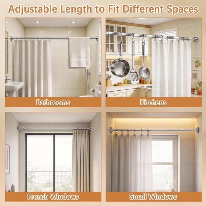 Штанга для душу без свердління, штанга для душу з нержавіючої сталі, стійка до іржі та ковзання, телескопічна висувна штанга 80-250см, для ванної кімнати, вікна, кухні, шафи