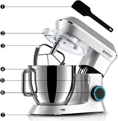 Планетарний міксер MalTecChef 2200 Вт, 6 л, 6 швидкостей, чорний, насадки для замісу тіста, збивання, кухонний комбайн