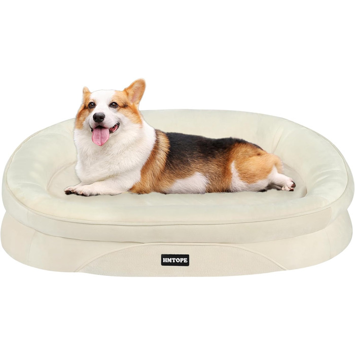 Ортопедичне ліжко для собак, ліжко-софа для собак з підковоподібним валиком, неслизьке дно, кошик для собак, знімне та пральне, середні та великі породи, 106 x 79 x 17 см (90 x 71 x 15 см), бежеве