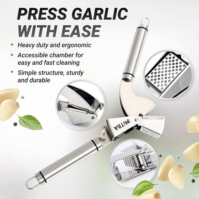 MiTBA Garlic Press Set with Non-Slip Handles - Includes Crusher, Silicone Peeler & Cleaning Brush