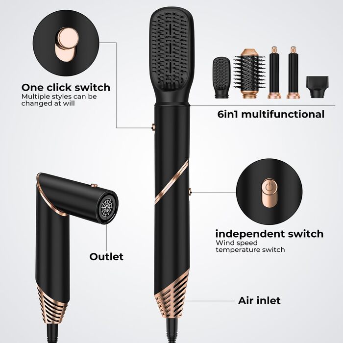 Фен-щітка 6 в 1 для волосся, Airstyler Set, автоматичний локонів, термощітка, фен, для жінок, чорний
