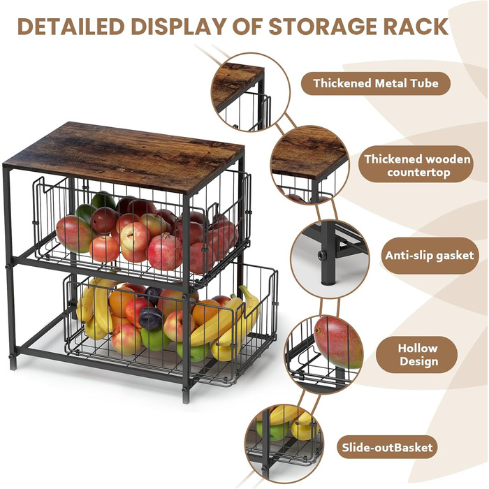 Meltrck Spice Rack and Kitchen Organizer, 2-Tier Pull Out Kitchen Organizer, Metal and Wood Composite for Kitchen, Countertop, Pantry, and Dining Room (Vintage Brown)