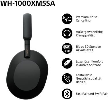 Навушники Sony WH-1000XM5 чорні: бездротові, з шумозаглушенням, Bluetooth, Hi-Res Audio, до 30 год роботи, для iOS та Android + жорсткий кейс