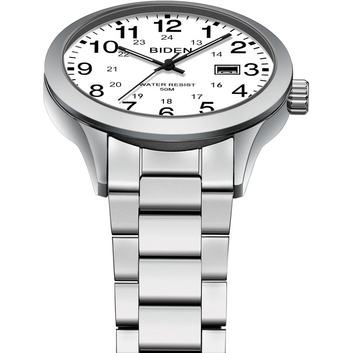 Годинник чоловічий LENQIN з нержавіючої сталі, аналоговий кварцовий годинник на зап'ясті, водонепроникний 30M, стильний повсякденний годинник для чоловіків (срібно-білий)