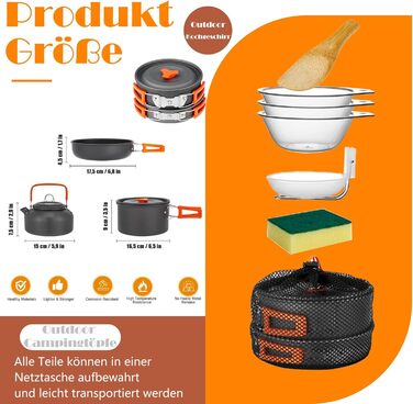 Набір кухонного посуду для кемпінгу, 10 предметів. Набір посуду для приготування їжі на відкритому повітрі, для 2-4 осіб. Плита, сковорода, чайник для пікніків, BBQ та походів