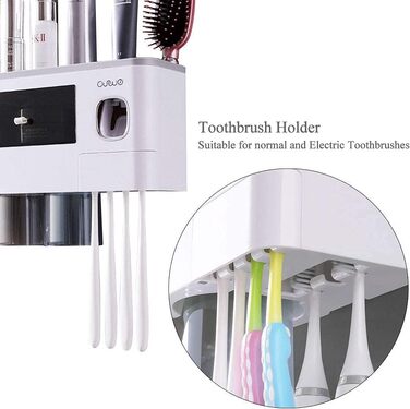 Automatic Toothpaste Dispenser Wall-Mounted with Space-Saving Toothbrush Holder for Bathroom, 2 Transparent Magnetic Cups, 6 Toothbrush Slots, 1 Cosmetic Organizer Drawer (Gray-4 Cups)