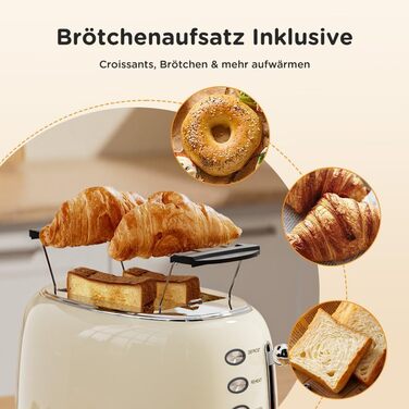 Ретро тостер на 2 тости з нержавіючої сталі – з підставою для булочок, 6 рівнів підсмажування, функція підігріву та розморожування, автовимкнення, кремовий колір, ідеальний для сендвічів та тостів – TS-R008