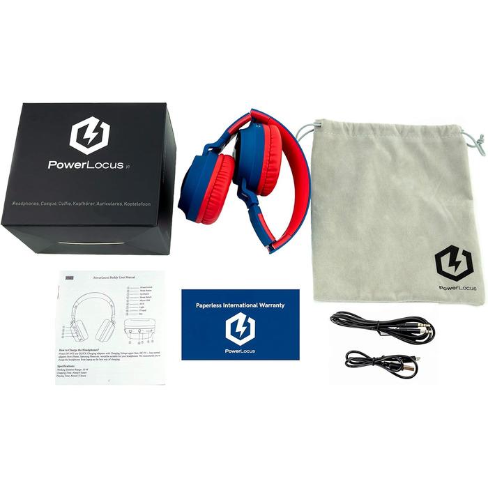 Дитячі навушники PowerLocus Bluetooth Over-Ear з LED-підсвічуванням та обмеженням гучності 85dB, з мікрофоном для телефону, планшета, ПК, ТВ (Синій/Червоний)