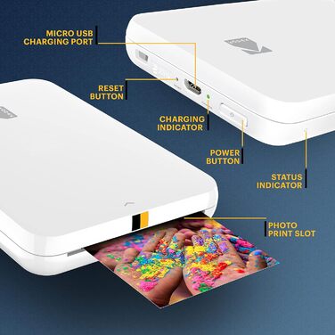 Фотодрук KODAK Step Slim: Портативний кольоровий принтер для смартфонів - друк 2x3” фотографій через Bluetooth, білий