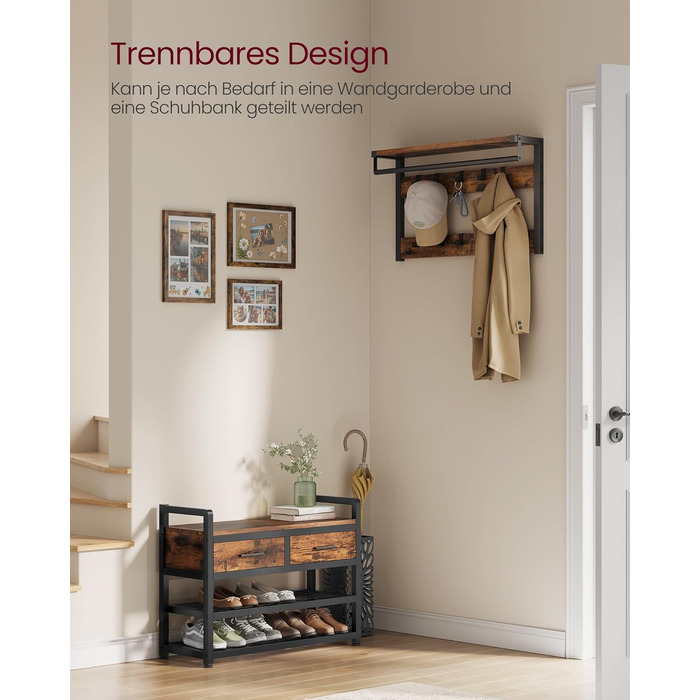 VASAGLE Coat Rack with Shoe Bench, Coat Rack, Shoe Storage, 2 Fabric Drawers, 10 Hooks, 6 Side Hooks, 30 x 80.4 x 181.6 cm, Vintage Brown-Ink Black HSR429B01