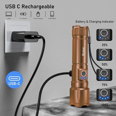 Ліхтар LED Blukar, перезарядна, надпотужний, з регулюванням фокусу, 5 режимів, водонепроникний IP67, для кемпінгу, туризму, риболовлі, надзвичайних ситуацій (колір: коричневий)