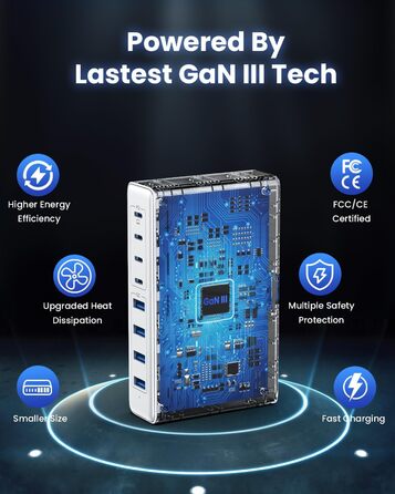 Мережевий адаптер USB-C 200W 8-в-1 GaN III з підтримкою QC4.0, PPS, PD 65W для MacBook Pro/Air, iPad, iPhone, Samsung, Steam Deck