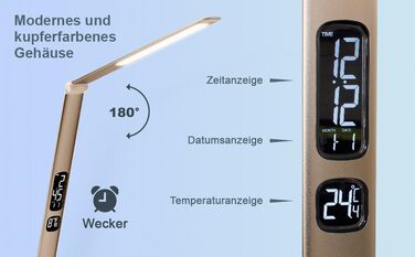 LED лампа Eaxus® для робочого столу 12 Вт з RGB підсвічуванням - регульована настільна лампа 500 lm, сенсорне управління, годинник, календар та індикатор температури, офісна лампа, аксесуари для столу, мідного кольору