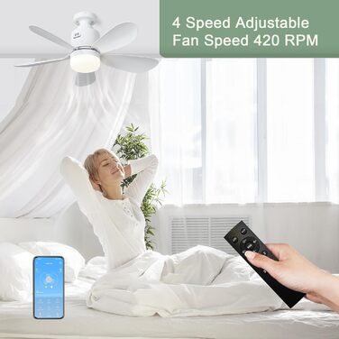 Стеляний вентилятор з підсвіткою, 53 см, з пультом дистанційного керування та таймером, 4 швидкості, регулювання температури кольору 3000K-6500K