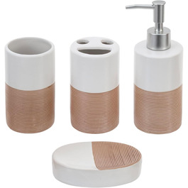 Deluxe 4-Piece Ceramic Bathroom Set with Soap Dispenser, Toothbrush Holder, Cup, and Soap Dish in White and Beige