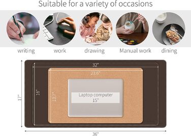 RENMTURE Килимок для миші з натуральної пробки та PU-шкіри, 80 x 40 см, захист столу, антиковзаюча поверхня, водонепроникний, для офісу та дому (Темний Кофе)