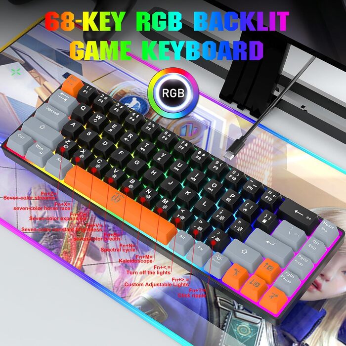 Ігрова клавіатура Snpurdiri з RGB підсвічуванням, механічний відгук, компактна, ергономічна, для офісу та ПК (63 білий/чорний/оранжевий, 68 чорний/сірий/оранжевий)